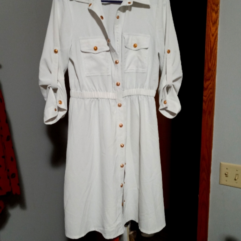 Long sleeved white button up collared dress